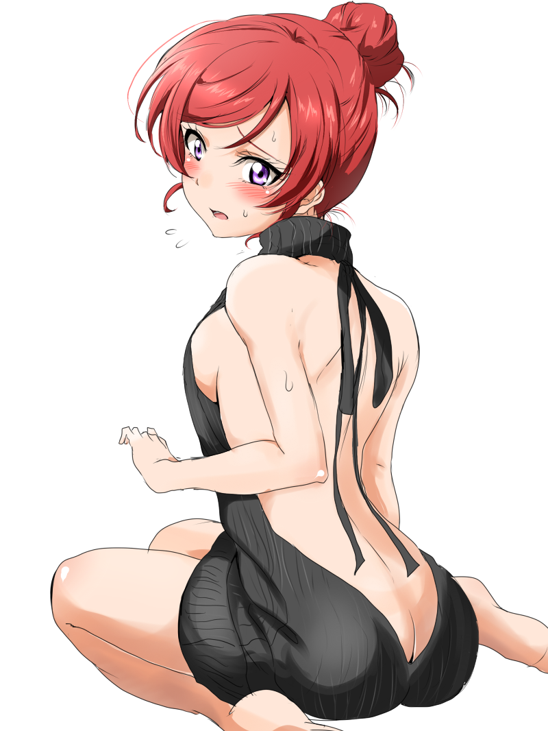 1girl alternate_hairstyle ass back backless backless_outfit bare_back bare_shoulders barefoot black_sweater blush breasts butt_crack dress embarrassed flying_sweatdrops hair_bun hair_up looking_at_viewer looking_back love_live! love_live!_school_idol_project naked_sweater nishikino_maki open_mouth redhead shogo_(4274732) sideboob simple_background sitting solo sweat sweater sweater_dress violet_eyes virgin_killer_sweater white_background