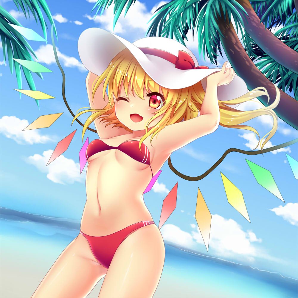 1girl ;d adjusting_clothes adjusting_hat alternate_costume alternate_headwear armpits arms_up beach bikini blonde_hair blush bow breasts coconut_tree cowboy_shot crystal day fang flandre_scarlet hat hat_bow long_hair looking_at_viewer navel one_eye_closed open_mouth outdoors palm_tree red_bikini red_bow red_eyes rimu_(kingyo_origin) side_ponytail small_breasts smile solo stomach sun_hat swimsuit touhou tree under_boob wings