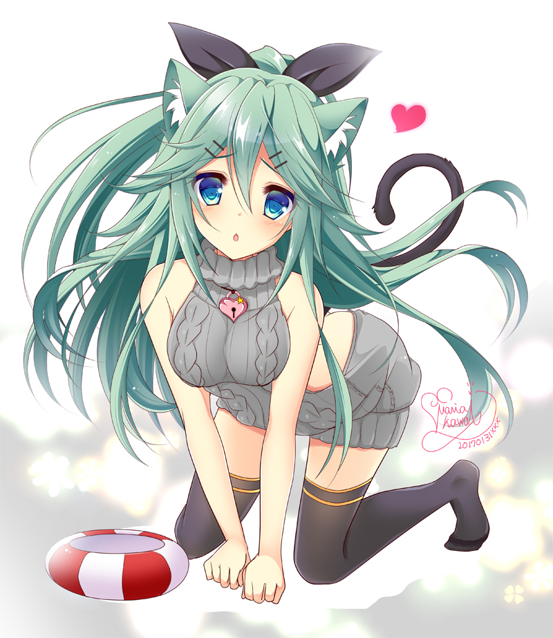 1girl 2017 aikawa_ryou all_fours animal_ears aran_sweater artist_name ass backless_outfit bangs bare_shoulders black_legwear black_ribbon blush bowl breasts butt_crack cat_ears cat_tail dated dress eyebrows_visible_through_hair full_body green_eyes green_hair grey_dress hair_between_eyes hair_flaps hair_ornament hair_ribbon hairclip halterneck heart heart-shaped_lock jewelry kantai_collection kawai_maria kneeling locket long_hair looking_at_viewer medium_breasts naked_sweater no_bra no_panties no_underwear on_floor open-back_dress open_mouth pendant pet_bowl ponytail ribbed_sweater ribbon signature solo sweater sweater_dress tail thigh-highs turtleneck turtleneck_sweater virgin_killer_sweater yamakaze_(kantai_collection)