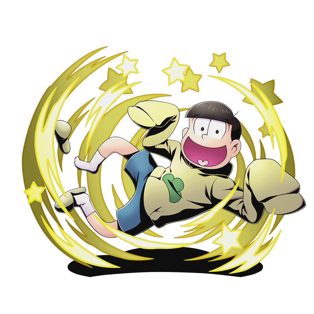 1boy alpha_transparency arms_up black_eyes black_hair divine_gate heart heart_in_mouth hood hoodie looking_at_viewer male_focus matsuno_juushimatsu official_art open_mouth osomatsu-kun osomatsu-san shadow shirt short_hair shorts sleeves_past_wrists slippers smile solo star transparent_background ucmm yellow_shirt