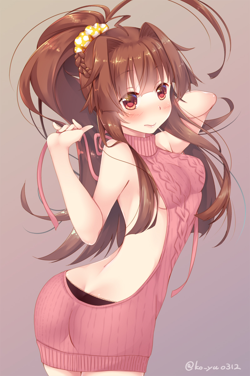 1girl ahoge alternate_costume alternate_hairstyle aran_sweater arm_behind_head ass backless_outfit bare_back braid breasts brown_eyes butt_crack dress grey_background hair_ornament hair_scrunchie halterneck high_ponytail highres huge_ahoge kantai_collection kuma_(kantai_collection) open-back_dress ponytail ribbed_sweater scrunchie sideboob simple_background solo sweater sweater_dress turtleneck turtleneck_sweater twintails virgin_killer_sweater yukina_(black0312)