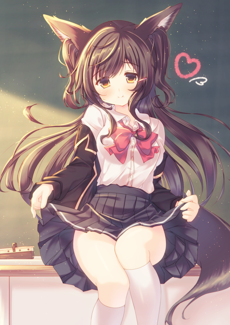 1girl animal_ears bangs black_skirt blouse blush bow brown_eyes brown_hair chalkboard classroom closed_mouth desk eraser eyebrows_visible_through_hair fox_ears fox_girl fox_tail hair_ornament hairclip half-closed_eyes heart holding_skirt indoors kneehighs long_hair looking_at_viewer misaki_yuu_(dstyle) on_desk original pleated_skirt red_bow school_uniform sitting sitting_on_desk skirt skirt_lift smile solo tail thighs two_side_up very_long_hair white_blouse white_legwear
