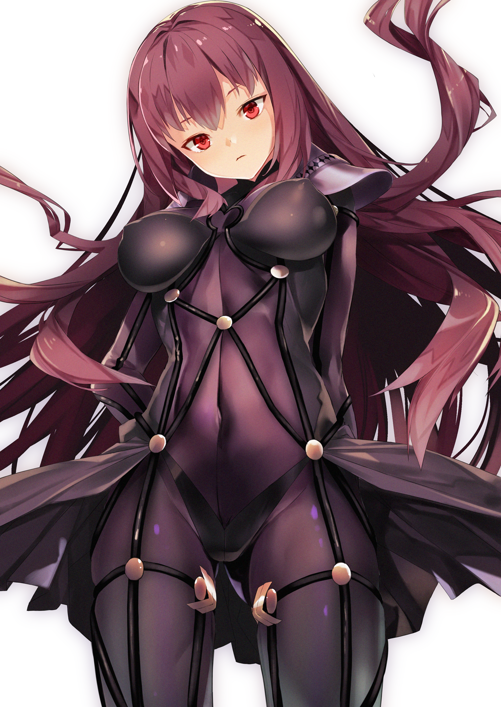 1girl arms_behind_back blush bodysuit breasts covered_navel fate/grand_order fate_(series) furisuku highres large_breasts long_hair looking_at_viewer purple_bodysuit purple_hair red_eyes scathach_(fate/grand_order) skin_tight solo very_long_hair white_background
