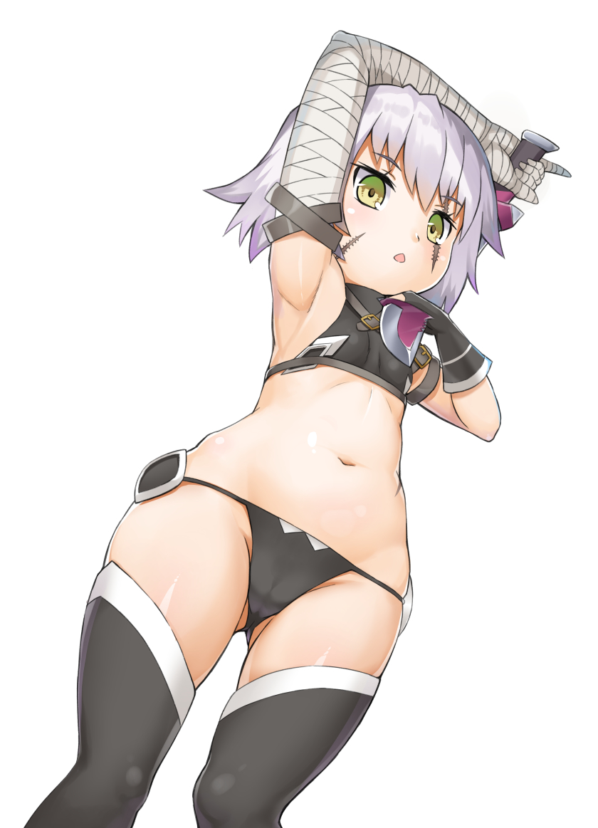 1girl armband assassin_of_black bandaged_arm bare_shoulders black_gloves black_legwear black_panties breasts cowboy_shot crop_top dagger dual_wielding eyebrows_visible_through_hair fate/apocrypha fate_(series) fingerless_gloves gloves gluteal_fold green_eyes lavender_hair looking_at_viewer micro_panties midriff multicolored multicolored_eyes navel open_mouth panties scar scar_across_eye scar_on_cheek short_hair small_breasts solo tattoo thigh-highs totto underwear weapon white_background yellow_eyes