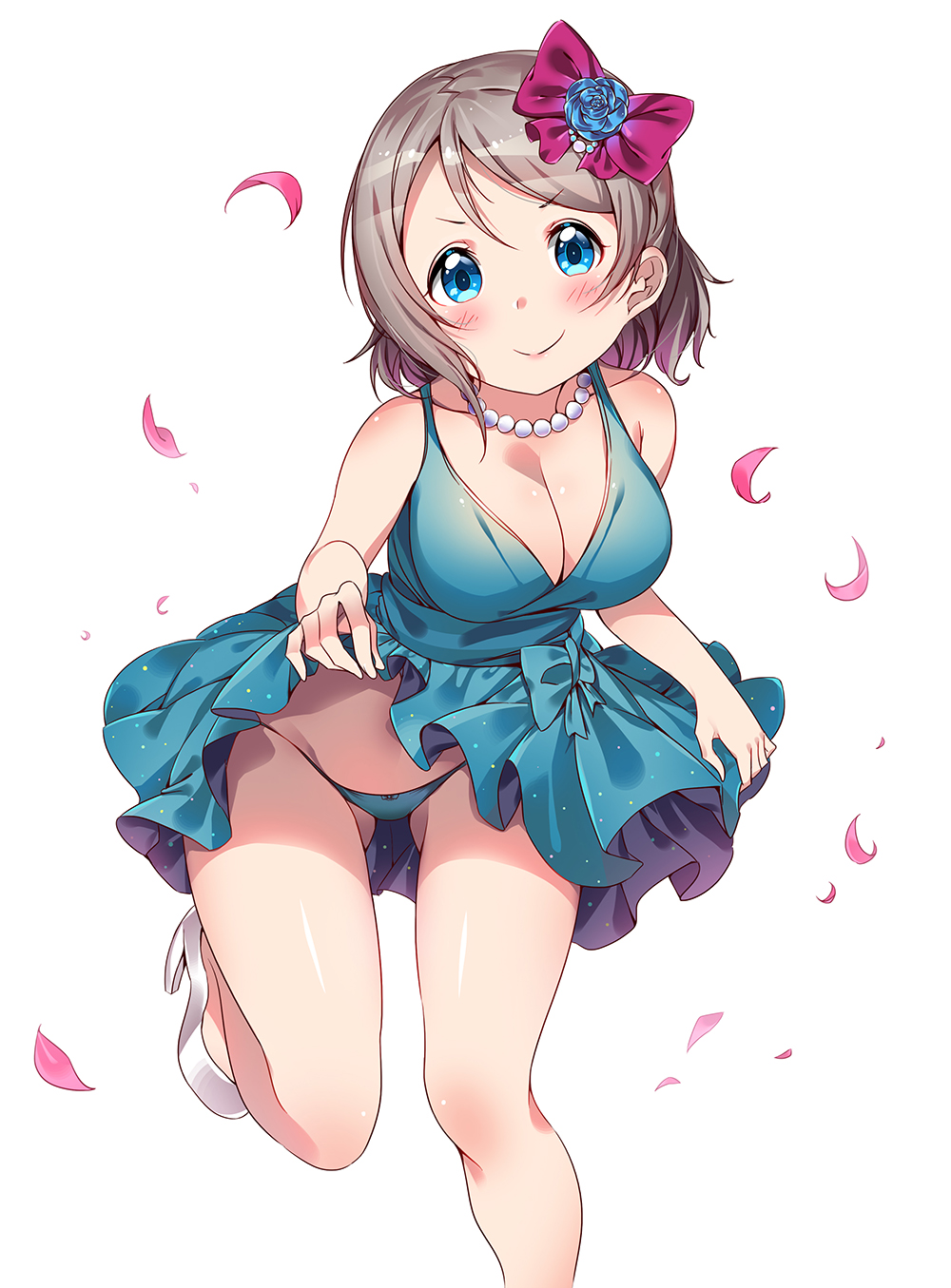&gt;:) 1girl aqua_dress aqua_panties blue_eyes blush bow breasts cleavage dress dress_lift flower gluteal_fold grey_hair hair_bow hair_flower hair_ornament high_heels highres jewelry joptr06 leg_lift looking_at_viewer love_live! love_live!_sunshine!! necklace panties pearl_necklace petals shoes short_hair smile solo standing standing_on_one_leg underwear watanabe_you white_background white_shoes