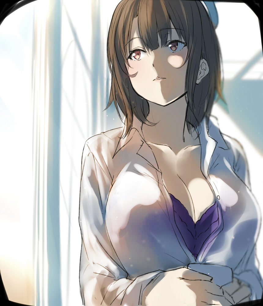 1girl beret black_hair blouse blue_hat bra breasts casual cleavage collarbone cup eyebrows_visible_through_hair hat holding holding_cup indoors isshiki_(ffmania7) kantai_collection large_breasts lips long_sleeves looking_away open_blouse open_clothes partially_undressed purple_bra red_eyes short_hair sketch solo takao_(kantai_collection) underwear upper_body white_blouse