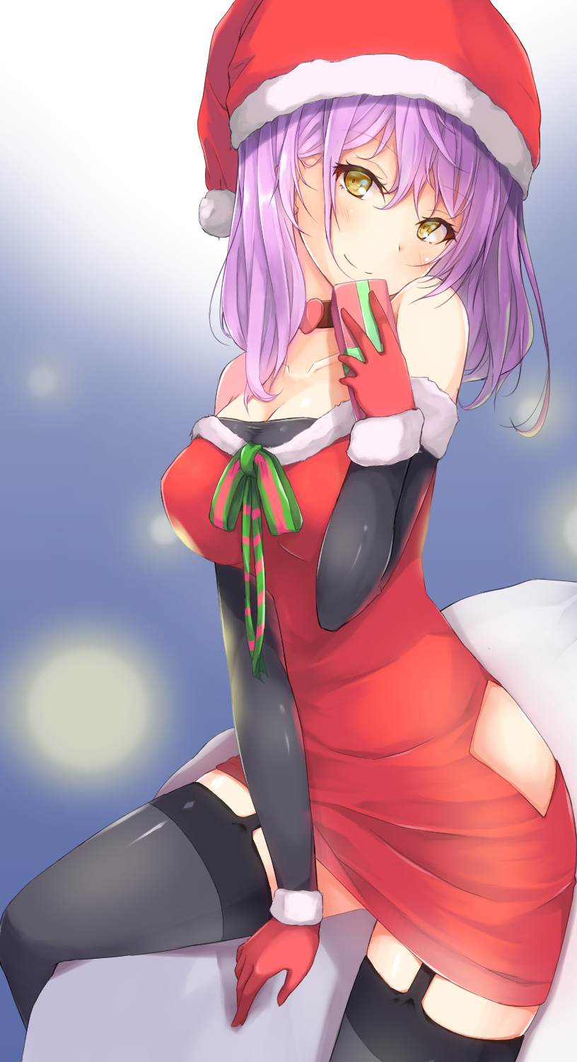 1girl black_gloves black_legwear boots breasts choker christmas dress elbow_gloves garter_straps gift gift_bag gloves highres kurai_masaru large_breasts original purple_hair red_dress red_gloves santa_boots sitting solo thigh-highs yellow_eyes