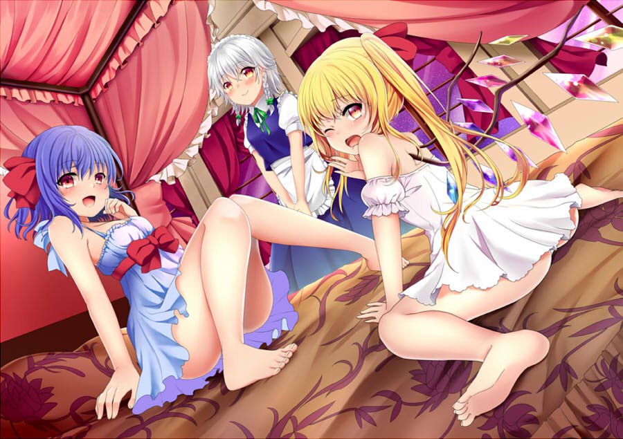3girls :d ;o alternate_costume apron arm_support bangs bare_legs bare_shoulders barefoot bed blanket blonde_hair blue_dress blush bow braid canopy_bed chemise convenient_leg curtains detached_sleeves dress dutch_angle flandre_scarlet floral_print green_bow green_ribbon hair_bow hair_ribbon izayoi_sakuya maid maid_headdress multiple_girls neck_ribbon on_bed one_eye_closed open_mouth puffy_short_sleeves puffy_sleeves purple_hair red_bow red_eyes red_ribbon remilia_scarlet ribbon rimu_(kingyo_origin) sash short_hair short_sleeves siblings side_ponytail silver_hair sisters sitting smile touhou twin_braids v_arms waist_apron white_dress window yawning