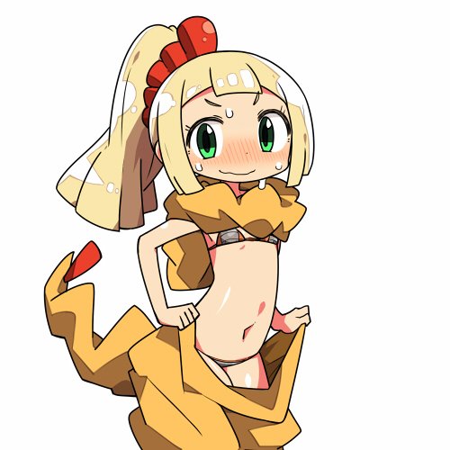 1girl animal_costume bikini blonde_hair blush closed_mouth cosplay embarrassed green_eyes kanikama lillie_(pokemon) looking_at_viewer lowres navel pokemon pokemon_(game) pokemon_sm ponytail scrafty scrafty_(cosplay) simple_background solo swimsuit wavy_mouth white_background