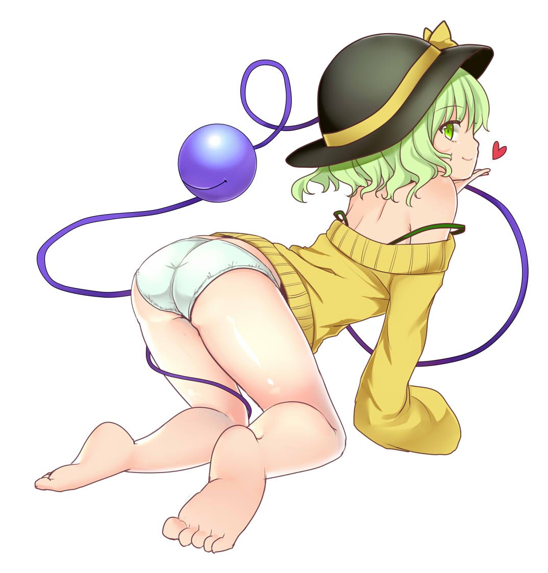 1girl all_fours ass bangs bare_legs bare_shoulders barefoot black_hat blush bow closed_mouth eyeball from_side full_body green_eyes green_hair hat hat_bow heart komeiji_koishi long_sleeves looking_at_viewer looking_to_the_side no_pants off_shoulder panties profile rimu_(kingyo_origin) sleeves_past_wrists smile solo strap_slip sweater third_eye touhou underwear white_background white_panties yellow_bow