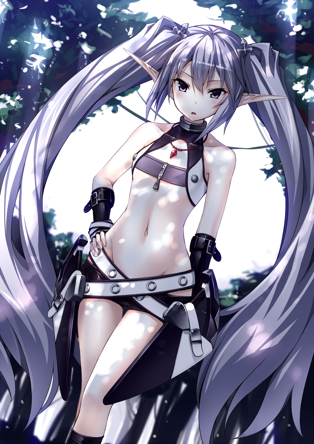 1girl absurdly_long_hair agarest_senki agarest_senki_(series) bare_legs bare_shoulders beltskirt blush breasts collarbone dappled_sunlight dutch_angle fyuria_(agarest_senki) hand_on_hip highres jewelry kneehighs leaf long_hair looking_at_viewer lowleg_skirt midriff miniskirt navel necklace open_mouth pencil_skirt pointy_ears purple_hair revision skirt small_breasts solo sunlight tree twintails ugume very_long_hair violet_eyes wrist_guards