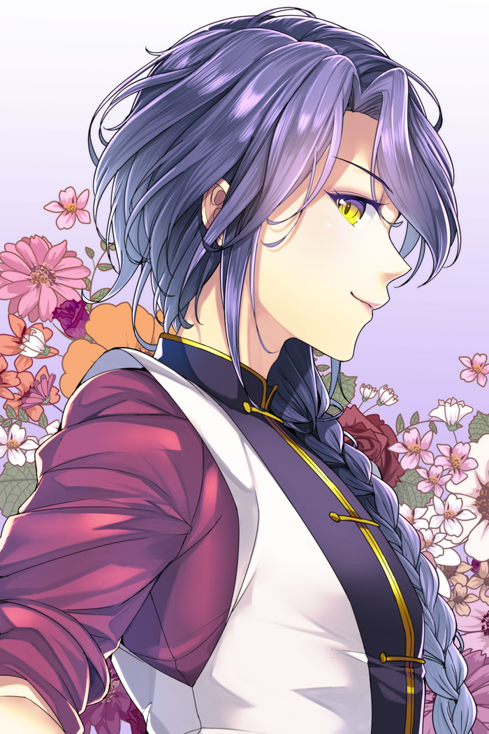 1boy bangs braid chinese_clothes closed_mouth eyebrows_visible_through_hair eyelashes floral_background flower from_side fushigi_yuugi gradient gradient_background hair_over_shoulder long_hair looking_at_viewer male_focus nasubi_(w.c.s) nuriko_(fushigi_yuugi) orange_flower pink_flower profile purple_background purple_flower purple_hair red_rose rose side_glance single_braid sleeves_rolled_up smile solo trap upper_body white_flower yellow_eyes
