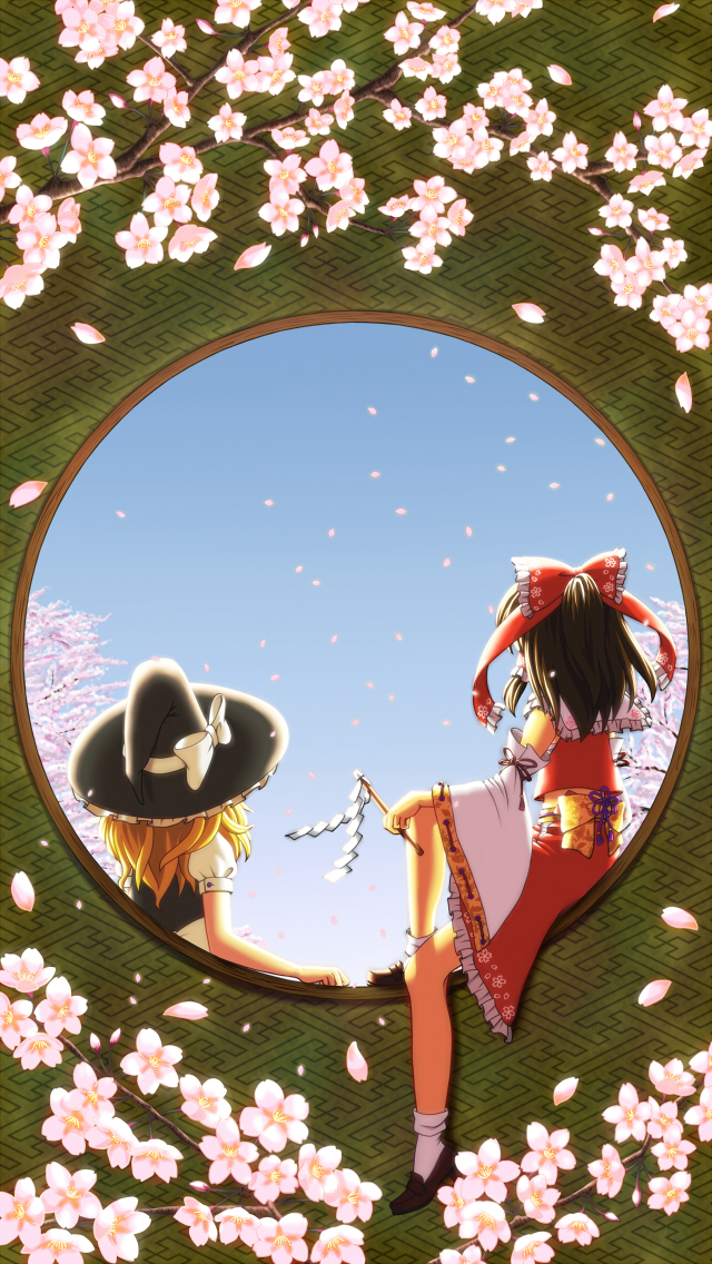 2girls black_hair blonde_hair bloom bow cherry_blossoms day detached_sleeves dtvisu frills from_behind hair_bow hair_tubes hakurei_reimu hat hat_bow japanese_clothes kirisame_marisa long_hair long_sleeves looking_afar miko multiple_girls oonusa puffy_short_sleeves puffy_sleeves red_bow red_skirt short_sleeves sitting skirt skirt_set sky sunlight touhou white_bow wide_sleeves witch_hat