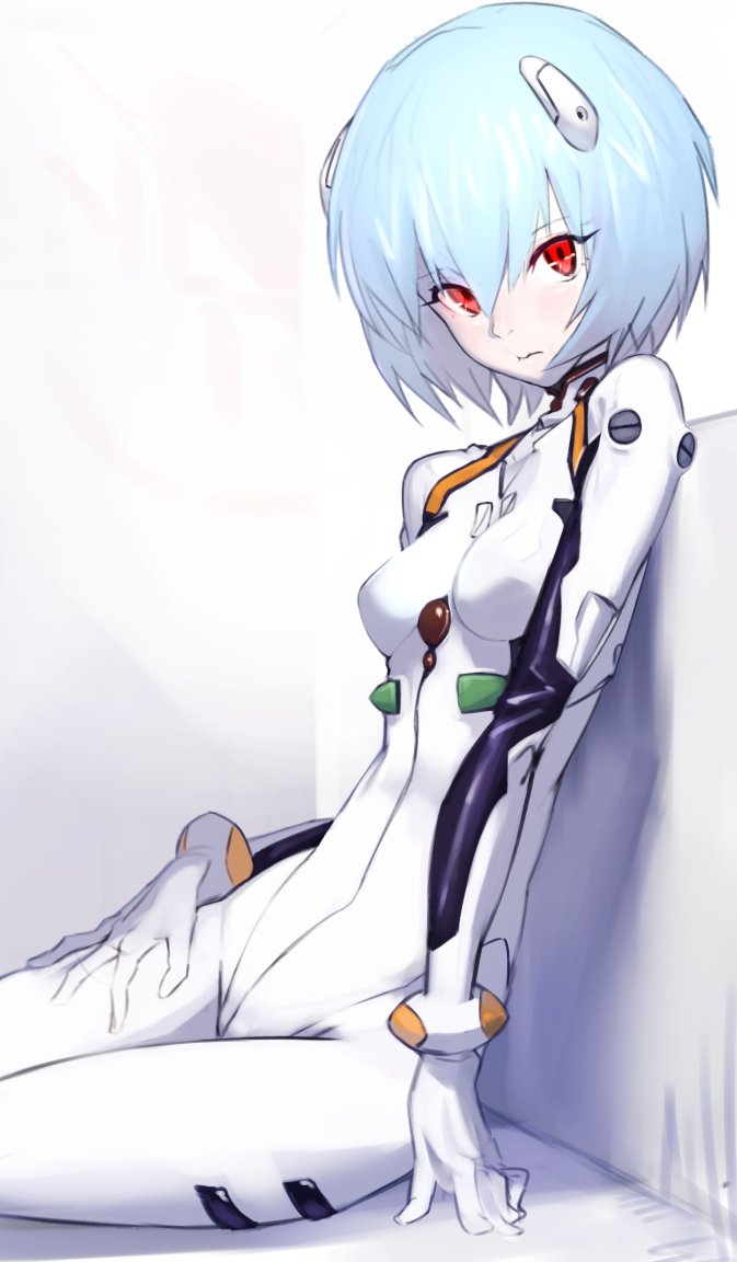 1girl affiliation arm_at_side arm_support ayanami_rei bangs blue_hair bodysuit bracer breasts closed_mouth cowboy_shot expressionless from_side gloves hair_between_eyes hand_on_own_thigh headgear legs_together looking_at_viewer neon_genesis_evangelion number pale_skin pilot_suit plugsuit red_eyes short_hair simple_background sitting skin_tight skinny small_breasts solo turtleneck white_background white_bodysuit