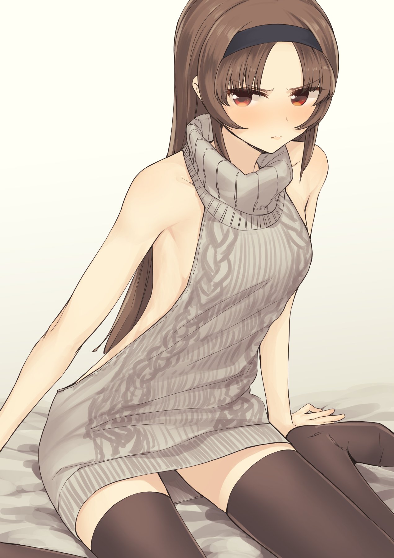 &gt;:| 1girl aran_sweater backless_outfit bangs blush breasts brown_eyes brown_hair closed_mouth couzone dress eyebrows_visible_through_hair glaring hairband halterneck highres long_hair looking_at_viewer medium_breasts naked_sweater open-back_dress original ribbed_sweater sitting solo sweater sweater_dress thigh-highs turtleneck turtleneck_sweater virgin_killer_sweater wariza wavy_mouth