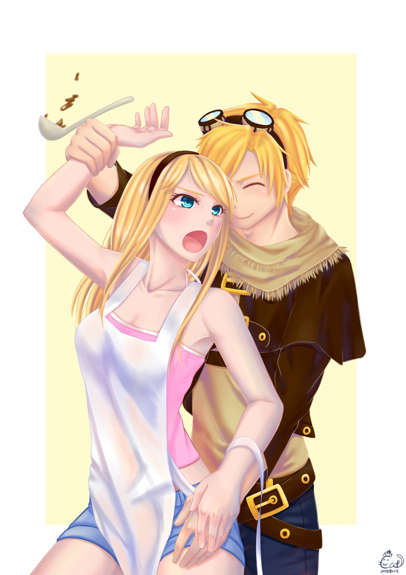 1boy 1girl :o apron blonde_hair blue_eyes blush breasts cleavage closed_eyes denim denim_shorts ezreal goggles goggles_on_head hairband ladle league_of_legends long_hair luxanna_crownguard maomi_wo multiple_belts pink_shirt shirt shorts smile white_background wrist_grab