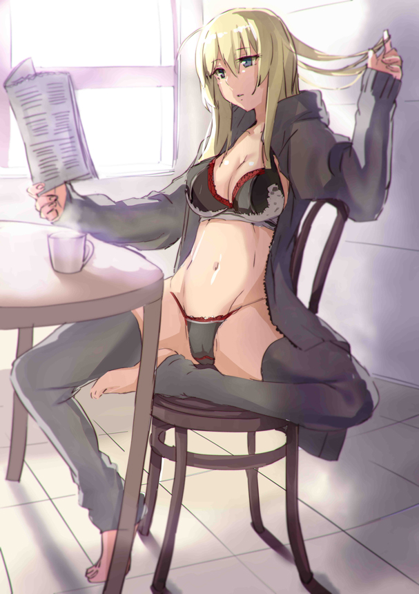 1girl armadillo-tokage bismarck_(kantai_collection) black_legwear blonde_hair blue_eyes bra breasts cleavage full_body kantai_collection long_hair midriff newspaper open_clothes open_shirt panties parted_lips reading shirt sitting solo table thigh-highs tile_floor tiles underwear