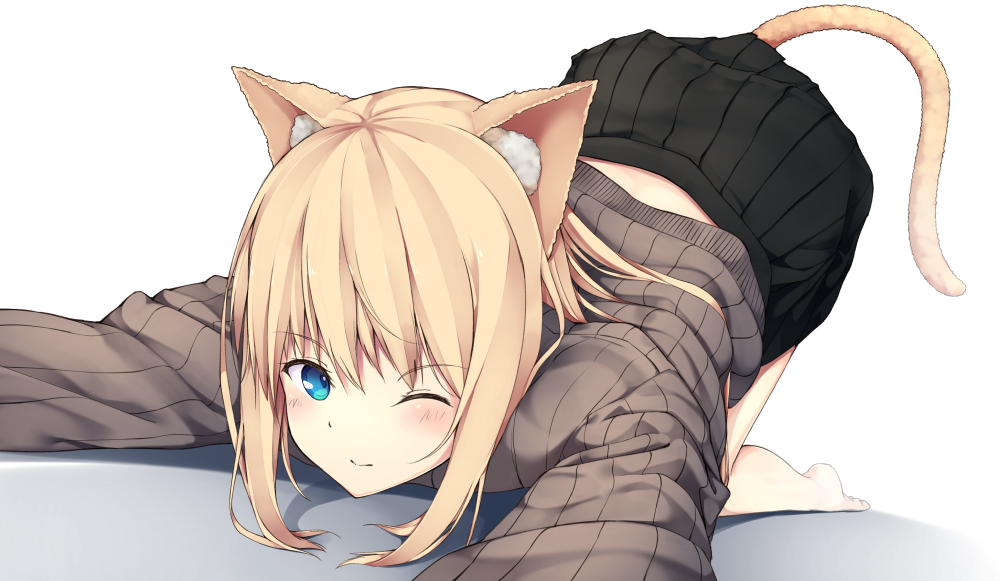 1girl 3; animal_ears aqua_eyes bangs barefoot black_skirt blonde_hair blush cat_ears cat_girl cat_tail closed_mouth dutch_angle eyebrows_visible_through_hair hair_between_eyes long_hair looking_at_viewer one_eye_closed original pleated_skirt ribbed_sweater sidelocks simple_background skirt solo sweater tail top-down_bottom-up uf_6018 white_background