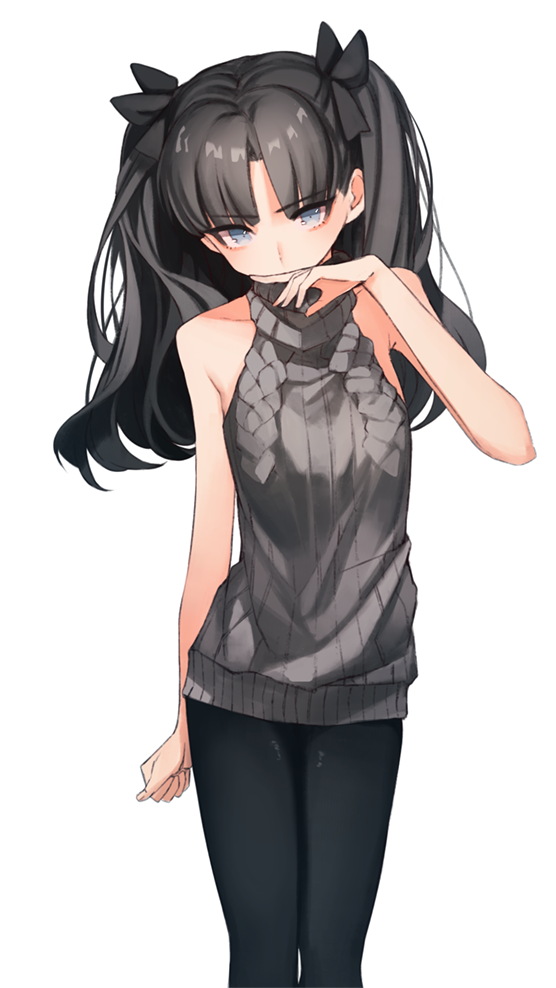 1girl alternate_costume bare_shoulders black_bow black_hair black_legwear blue_eyes bow eyebrows_visible_through_hair fate/stay_night fate_(series) finger_to_mouth hair_bow long_hair looking_at_viewer pantyhose pokan_(xz1128) simple_background solo sweater tohsaka_rin toosaka_rin turtleneck turtleneck_sweater twintails virgin_killer_sweater white_background