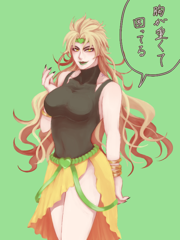 1girl birthmark black_nails blonde_hair breasts clownright covered_navel dio_brando fingernails genderswap genderswap_(mtf) green_background green_lipstick headband heart joestar_birthmark jojo_no_kimyou_na_bouken large_breasts lipstick long_hair makeup nail_polish open_mouth sharp_fingernails skirt smile solo translation_request wrist_cuffs yellow_eyes yellow_skirt