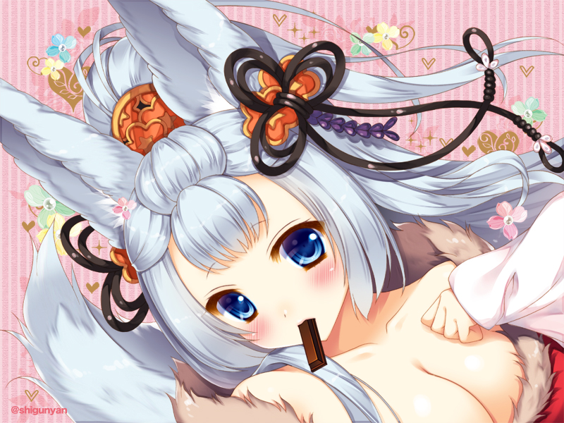 1girl animal_ears bangs blue_eyes breasts chocolate cleavage close-up collarbone dutch_angle erun_(granblue_fantasy) eyebrows_visible_through_hair fur_trim granblue_fantasy heart kitkat large_breasts long_hair looking_at_viewer mouth_hold ponytail shigunyan silver_hair smile socie_(granblue_fantasy) solo striped tail twitter_username upper_body vertical-striped_background vertical_stripes
