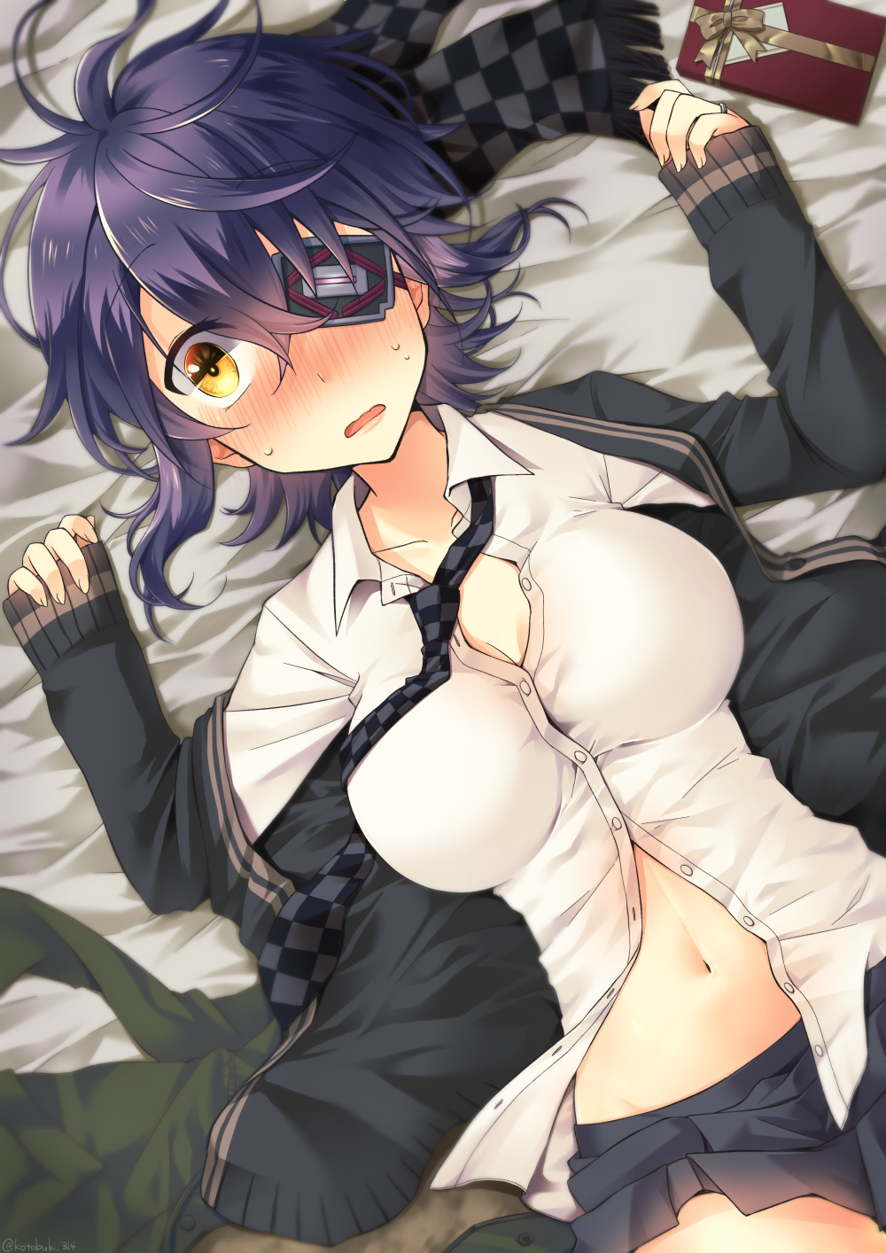 1girl blouse blush breasts cardigan checkered checkered_necktie eyepatch from_above headgear highres jewelry kantai_collection kotobuki_(momoko_factory) large_breasts looking_at_viewer lying navel necktie on_back open_cardigan open_clothes open_mouth purple_hair ring school_uniform short_hair tenryuu_(kantai_collection) tongue unbuttoned untied upper_body wavy_mouth wedding_ring white_blouse yellow_eyes