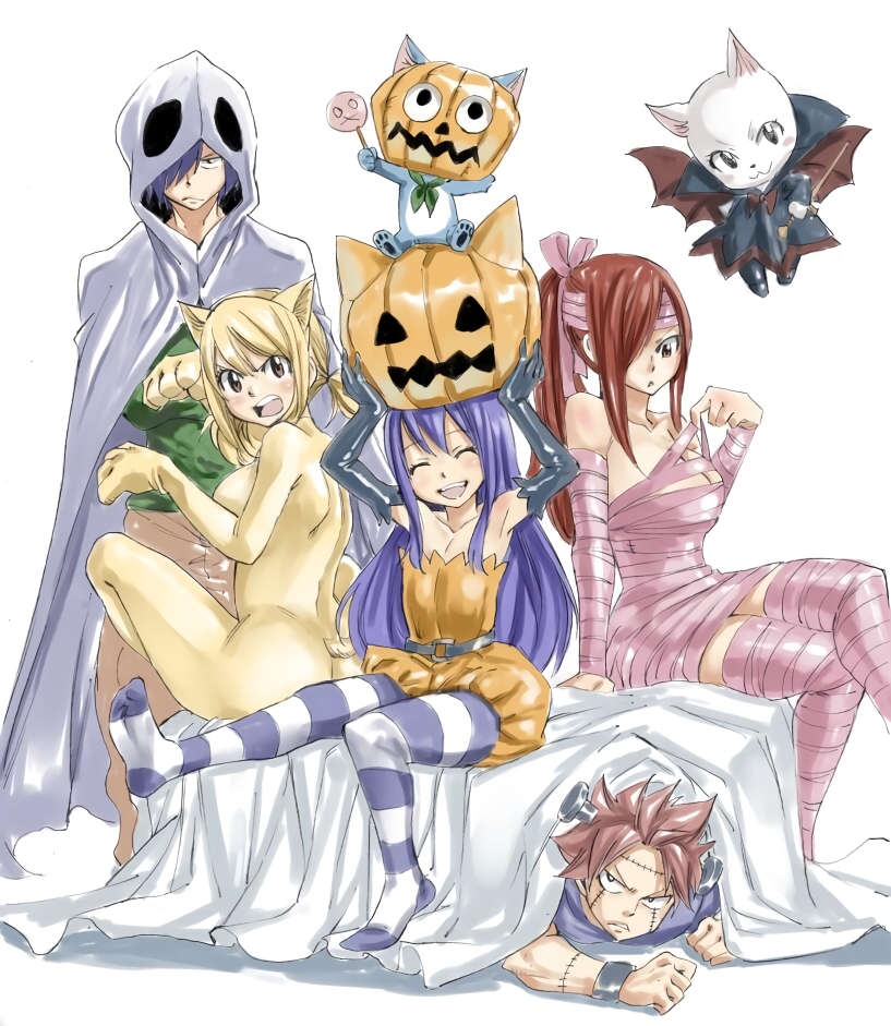 2boys 3girls animal_ears arm_support armpits arms_up bed_sheet black_gloves blonde_hair blue_hair breasts cat_ears cat_tail charle_(fairy_tail) cleavage closed_eyes detached_sleeves dress elbow_gloves erza_scarlet fairy_tail flying gloves gray_fullbuster green_shirt hair_ribbon halloween halloween_costume happy_(fairy_tail) large_breasts long_hair looking_at_viewer lucy_heartfilia mashima_hiro multiple_boys multiple_girls natsu_dragneel official_art open_mouth pantyhose pink_hair pink_legwear pink_ribbon ponytail pumpkin redhead ribbon scarf shirt simple_background sitting sleeveless sleeveless_dress small_breasts spiky_hair strapless striped striped_legwear tail thigh-highs twintails wendy_marvell white_background wrist_cuffs yellow_dress zettai_ryouiki