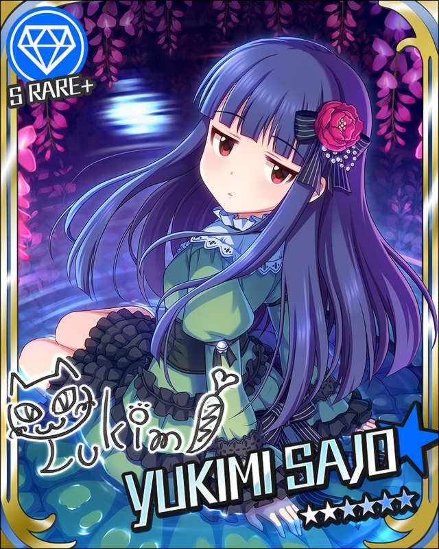 1girl artist_request bangs blue_hair blunt_bangs bow card_(medium) character_name diamond_(symbol) dress flower frilled_dress frills hair_bow hair_flower hair_ornament idolmaster idolmaster_cinderella_girls long_hair looking_at_viewer official_art partially_submerged puffy_sleeves red_eyes ribbon sajou_yukimi signature solo water