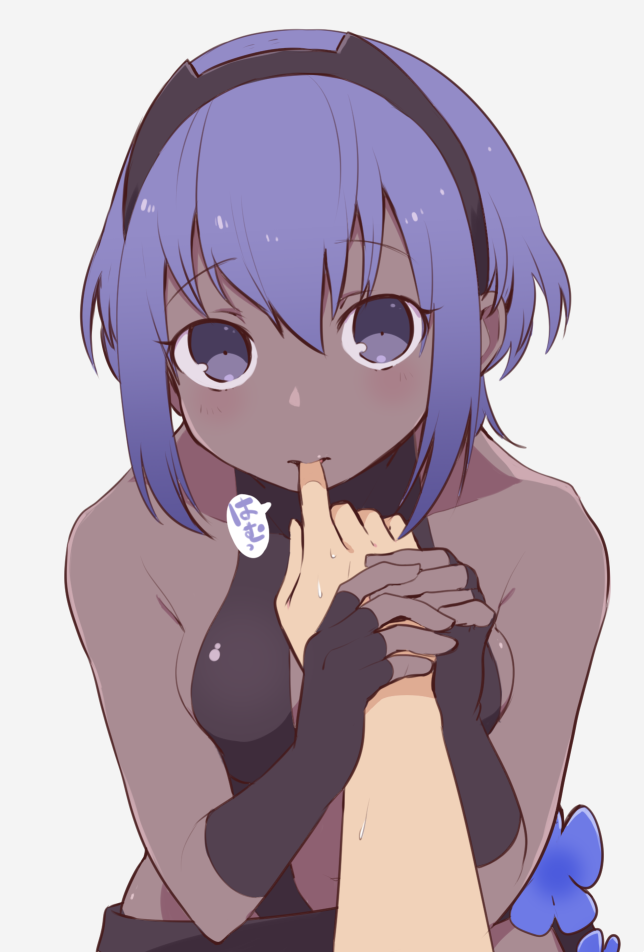 1boy 1girl assassin_(fate/prototype_fragments) bare_shoulders blush breasts dark_skin fate/grand_order fate/prototype fate/prototype:_fragments_of_blue_and_silver fate_(series) finger_licking fujimaru_ritsuka_(male) hairband licking looking_at_viewer mzh purple_hair short_hair violet_eyes white_background