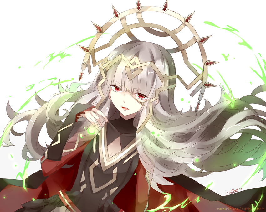 1girl cape colored fire_emblem hair_ornament long_hair looking_at_viewer magic red_eyes silver_hair veronica_(fire_emblem)