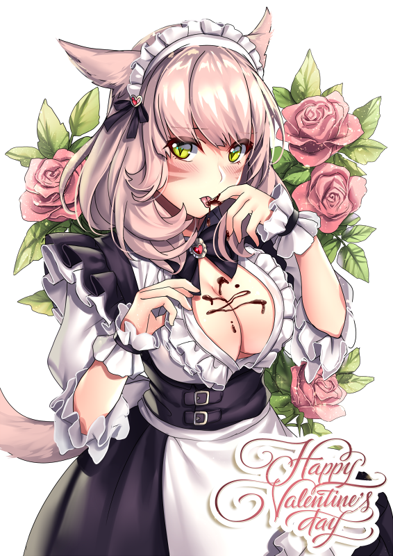 1girl :p animal_ears apron aruma_jiki blush breasts cat_ears cat_tail chocolate chocolate_on_breasts cleavage facial_mark final_fantasy final_fantasy_xiv finger_licking finger_to_mouth flower happy_valentine large_breasts licking looking_at_viewer maid maid_headdress miqo'te pink_hair rose short_hair slit_pupils solo tail tongue tongue_out valentine waist_apron white_apron wrist_cuffs yellow_eyes