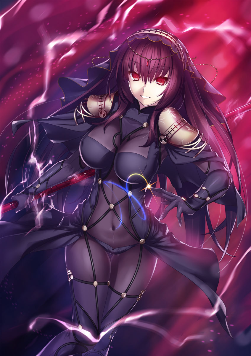 1girl bodysuit breasts covered_navel fate/grand_order fate_(series) gae_bolg highres holding holding_weapon large_breasts long_hair looking_at_viewer pauldrons polearm purple_bodysuit purple_hair red_eyes scathach_(fate/grand_order) smile spear veil weapon yoshida_takuma