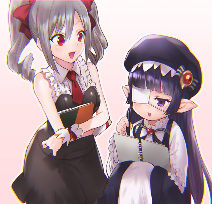 2girls book bowcan eyepatch gothic gothic_lolita granblue_fantasy green_hair hat holding holding_book idolmaster idolmaster_cinderella_girls kanzaki_ranko lolita_fashion long_hair lunaru_(granblue_fantasy) multiple_girls open_mouth purple_hair red_eyes sketchbook smile twintails violet_eyes