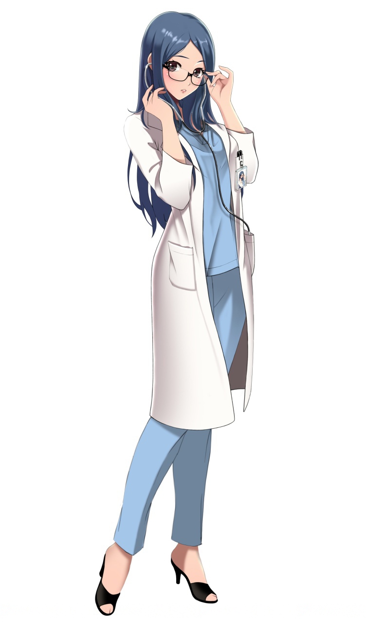 1girl adjusting_glasses aoya_shateru blue_hair blue_pants blue_shirt brown_eyes dorifutogaazaru full_body glasses high_heels highres labcoat long_hair looking_at_viewer official_art pants shirt simple_background solo stethoscope white_background