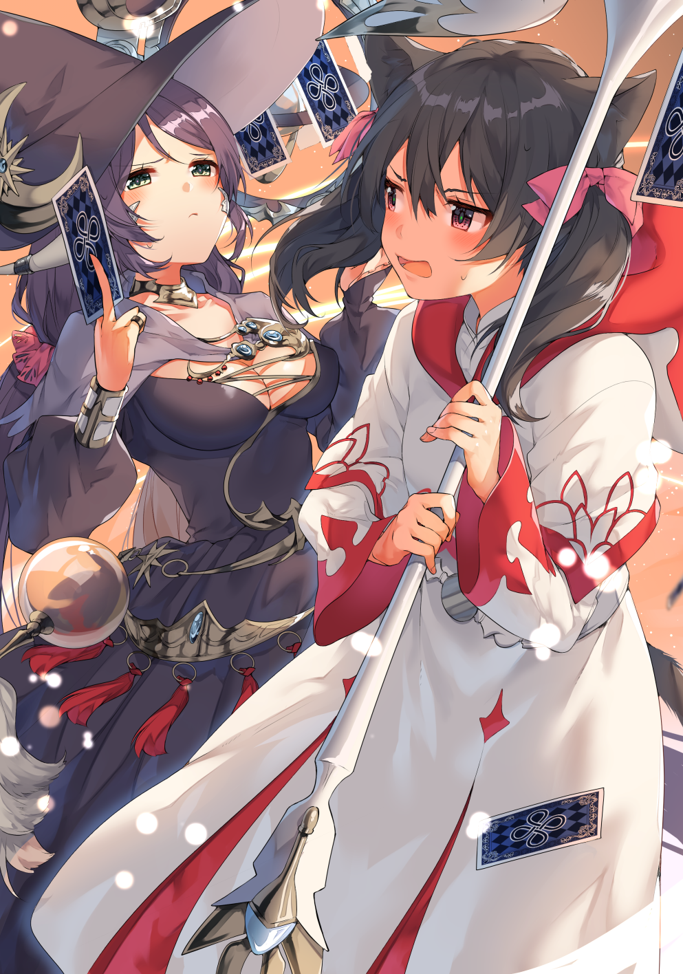 2girls animal_ears au_ra black_hair breasts cape card cleavage final_fantasy final_fantasy_xiv green_eyes hat highres kemonomimi_mode long_hair love_live! love_live!_school_idol_project low_twintails miqo'te multiple_girls open_mouth purple_hair red_eyes shironboako short_hair staff sweatdrop toujou_nozomi twintails witch_hat yazawa_nico