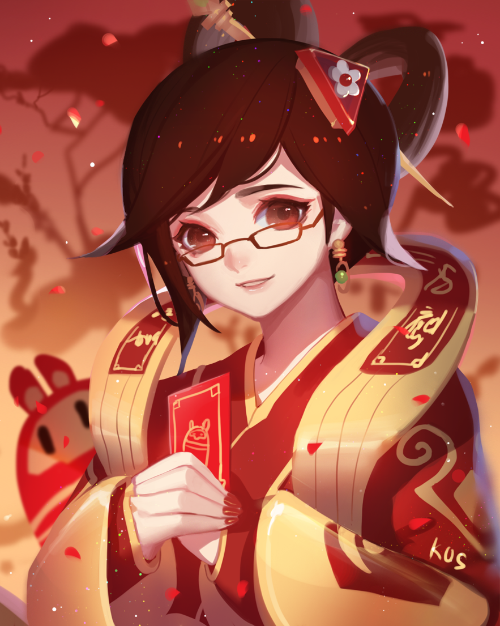 1girl alternate_costume angpao brown_eyes brown_hair chinese_clothes dress earrings glasses hair_bun hair_ornament hair_stick holding jewelry long_sleeves looking_at_viewer luna_mei mei_(overwatch) nail_polish outdoors overwatch parted_lips red_background red_dress red_nails robot short_hair smile snowball_(overwatch) solo songjikyo tree upper_body