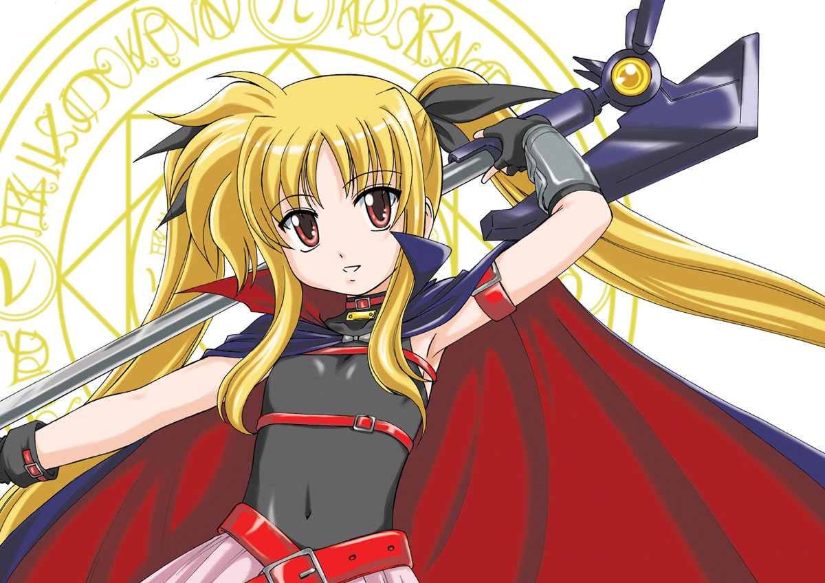 1girl bangs bardiche belt black_gloves black_leotard blonde_hair cape fate_testarossa fingerless_gloves gloves hair_ribbon halterneck holding leotard long_hair looking_at_viewer lyrical_nanoha magic_circle magical_girl mahou mahou_shoujo_lyrical_nanoha mahou_shoujo_lyrical_nanoha_a's overskirt parted_lips red_belt red_eyes ribbon sleeveless smile solo standing twintails upper_body very_long_hair wanyan_aguda