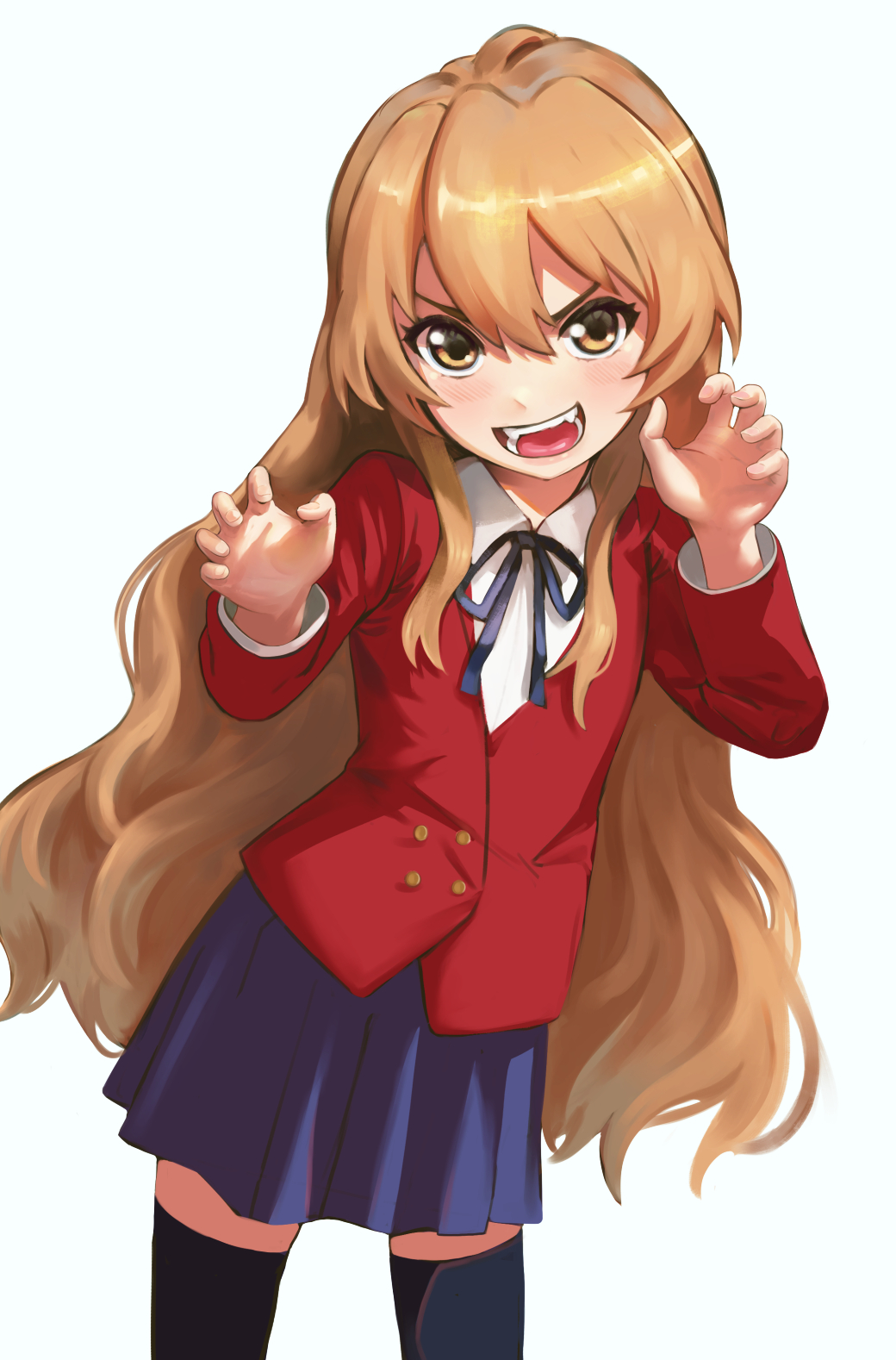 1girl :d aisaka_taiga bangs black_legwear blazer blush brown_eyes buttons chinese_commentary claw_pose commentary cowboy_shot double-breasted dress_shirt fangs hair_between_eyes highres jacket light_brown_hair long_hair looking_at_viewer maf_chen neck_ribbon oohashi_high_school_uniform open_mouth purple_skirt red_jacket ribbon school_uniform shirt simple_background skirt smile solo teeth thigh-highs toradora! v-shaped_eyebrows very_long_hair white_background white_shirt zettai_ryouiki