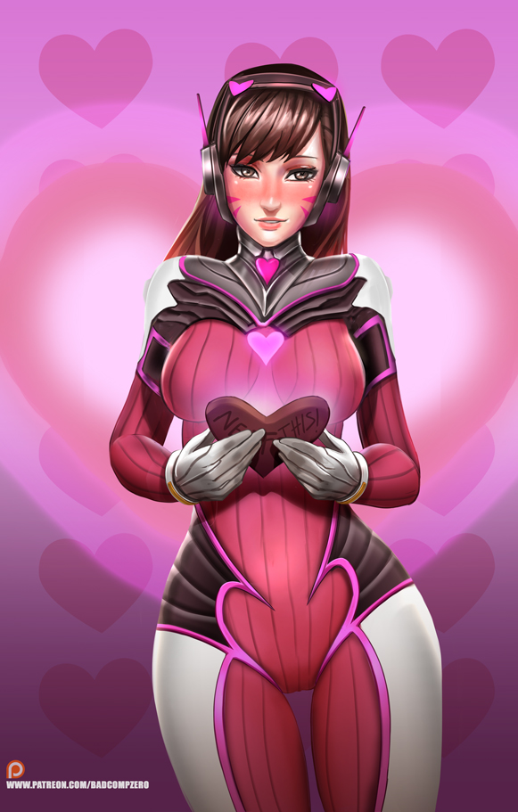 1girl adapted_costume alternate_color animal_print badcompzero bangs blush bodysuit bracer breasts brown_eyes brown_hair bunny_print cowboy_shot d.va_(overwatch) eyelashes facepaint facial_mark gloves headphones heart heart-shaped_box heart_background high_collar holding light_smile lips long_hair looking_at_viewer medium_breasts nose nose_blush overwatch parted_lips patreon pilot_suit pink_background ribbed_bodysuit shoulder_pads skin_tight solo swept_bangs valentine watermark web_address whisker_markings white_gloves