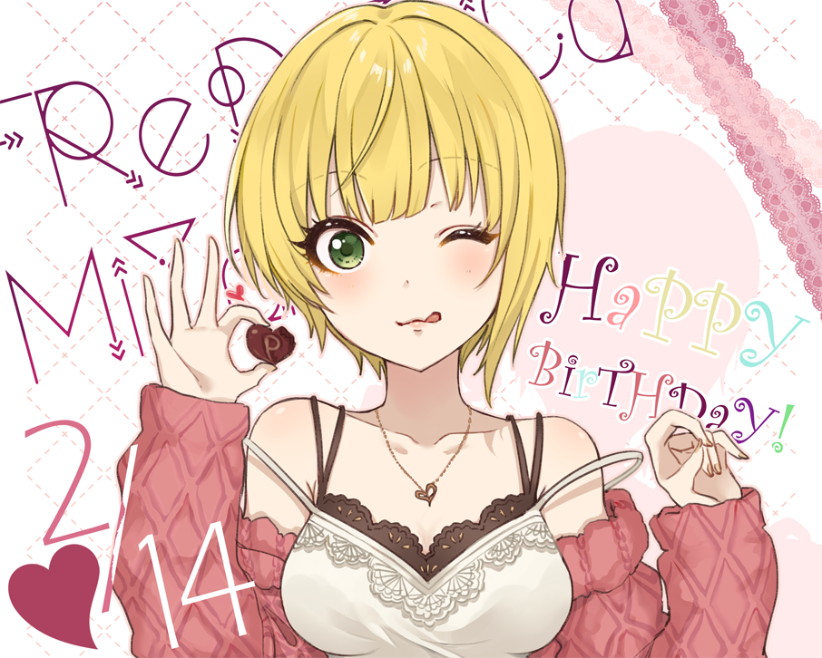 1girl ;q blonde_hair blush breasts chocolate chocolate_heart eyelashes green_eyes happy_birthday heart idolmaster idolmaster_cinderella_girls jewelry lips looking_at_viewer miyamoto_frederica necklace one_eye_closed short_hair smile solo strap_slip tong1494 tongue tongue_out upper_body