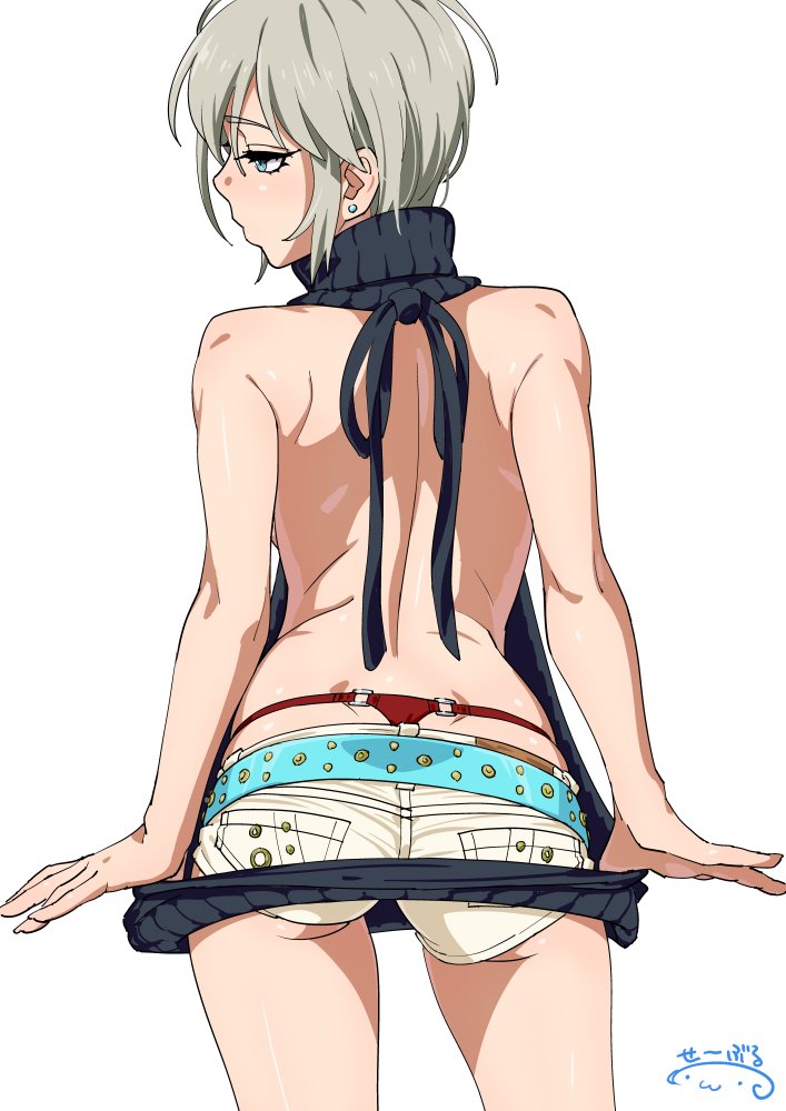 1girl anastasia_(idolmaster) ass backless_outfit bare_back blue_eyes blush cowboy_shot dress earrings g-string gluteal_fold idolmaster idolmaster_cinderella_girls jewelry looking_away open-back_dress panties red_panties ribbed_sweater short_hair short_shorts shorts signature silver_hair simple_background solo suna sweater sweater_dress thong underwear virgin_killer_sweater whale_tail white_background