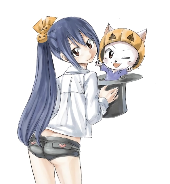 1girl black_shorts blue_hair brown_eyes charle_(fairy_tail) fairy_tail halloween halloween_costume head_tilt heart heart_print high_ponytail jpeg_artifacts long_hair looking_at_viewer mashima_hiro official_art one_eye_closed ponytail shirt short_shorts shorts simple_background smile solo wendy_marvell white_background white_shirt