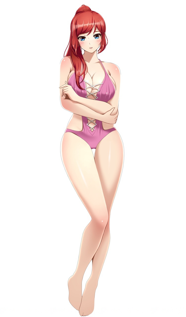 1girl bare_shoulders barefoot blue_eyes breasts casual_one-piece_swimsuit cleavage collarbone dorifutogaazaru full_body hair_over_shoulder high_ponytail highres large_breasts long_hair navel official_art one-piece_swimsuit pink_swimsuit redhead shiny shiny_skin simple_background sleeveless solo swimsuit terauchi_kozue white_background