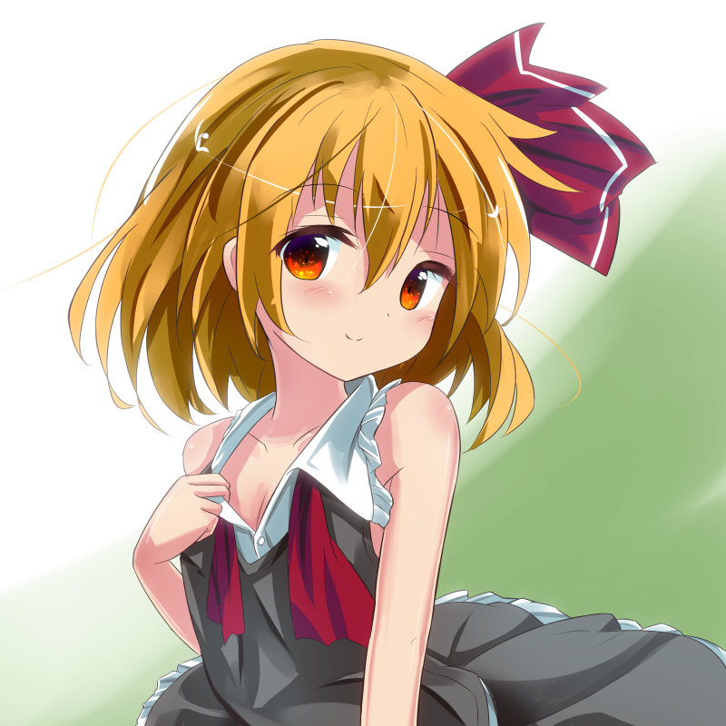 1girl adapted_costume bare_arms blonde_hair blush collarbone flat_chest frilled_skirt frills gradient gradient_background hair_ribbon head_tilt looking_at_viewer naughty_face red_eyes ribbon rumia ryogo shirt_tug short_hair skirt skirt_set smile touhou two-tone_background undone_tie