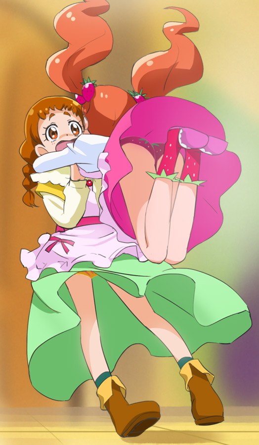 2girls arisugawa_himari braid brown_eyes brown_hair food_themed_hair_ornament green_skirt hair_ornament haruyama_kazunori hug kirakira_precure_a_la_mode long_hair multiple_girls open_mouth panties pink_panties pink_skirt precure print_panties redhead skirt standing strawberry_hair_ornament twintails underwear usami_ichika yellow_panties