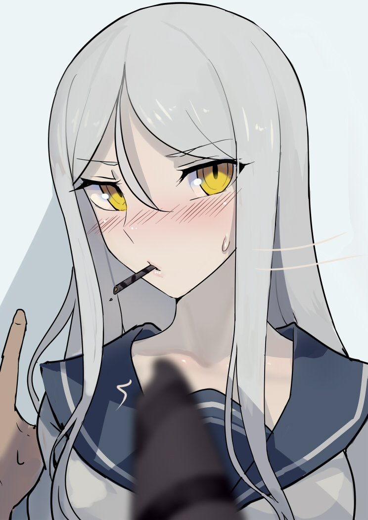 1girl blush commentary_request food food_in_mouth kantai_collection looking_at_viewer nose_blush pale_skin pocky pocky_day pov sailor_collar shinkaisei-kan solo_focus ta-class_battleship walzrj white_hair yellow_eyes