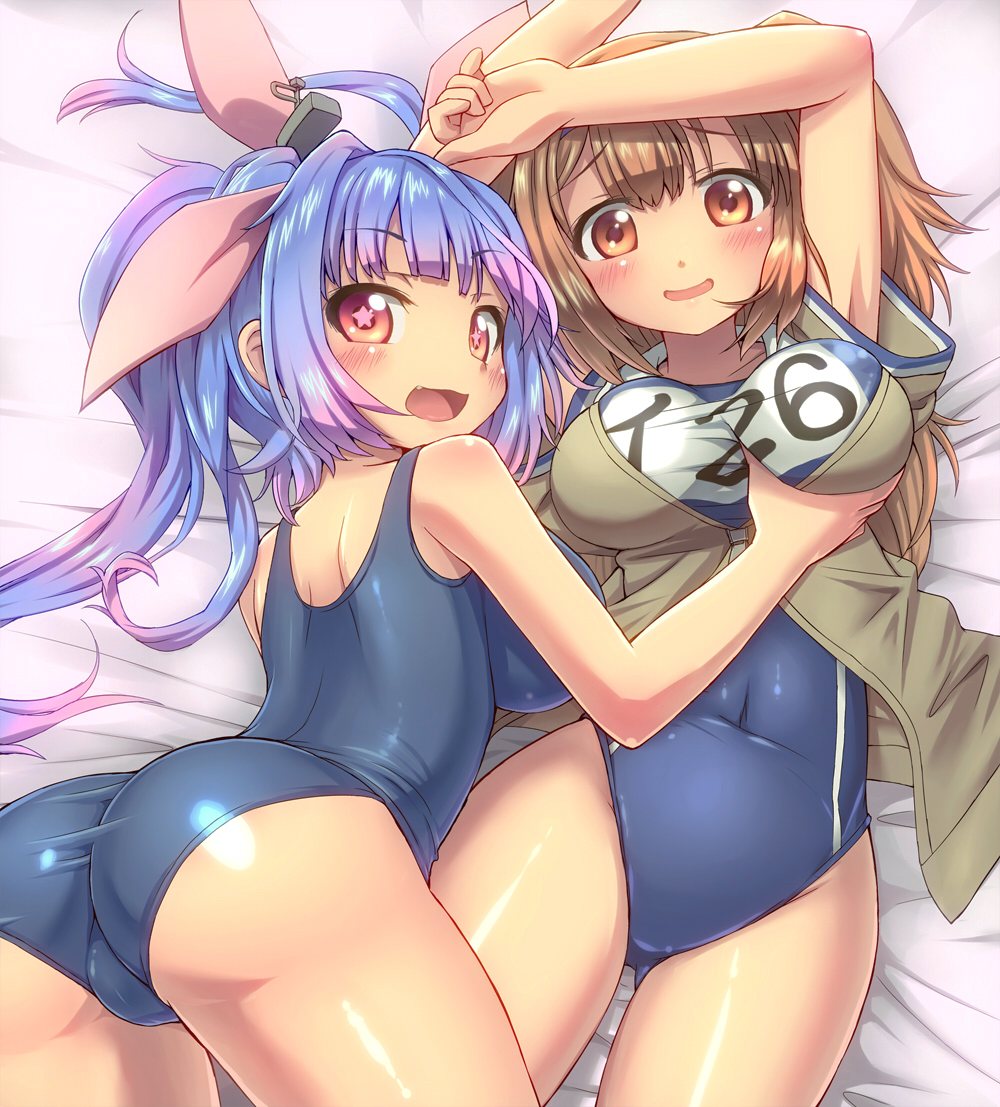 2girls all_fours armpit_peek ass blue_hair breasts brown_eyes brown_hair covered_navel fang groin groping hair_ribbon hairband i-19_(kantai_collection) i-26_(kantai_collection) kantai_collection large_breasts light_brown_eyes light_brown_hair long_hair lying multiple_girls name_tag new_school_swimsuit old_school_swimsuit one-piece_swimsuit red_eyes ribbon ruku_rx sailor_collar school_swimsuit shiny shiny_skin short_sleeves star star-shaped_pupils swimsuit swimsuit_under_clothes symbol-shaped_pupils tri_tails twintails two-tone_hairband two_side_up