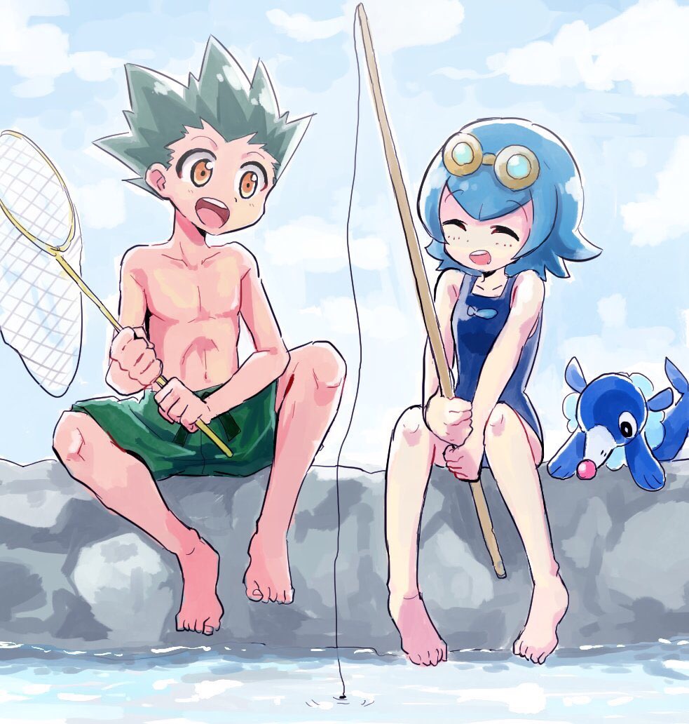 1boy 1girl ^_^ ^o^ bare_shoulders black_hair blue_hair butterfly_net closed_eyes clouds day fishing_rod full_body goggles goggles_on_head gon_freecss hand_net happy holding holding_fishing_rod hunter_x_hunter male_swimwear one-piece_swimsuit open_mouth pokemon pokemon_(game) pokemon_sm popplio short_hair sitting sky smile spiky_hair suiren_(pokemon) swim_trunks swimsuit swimwear topless trial_captain water yellow_eyes