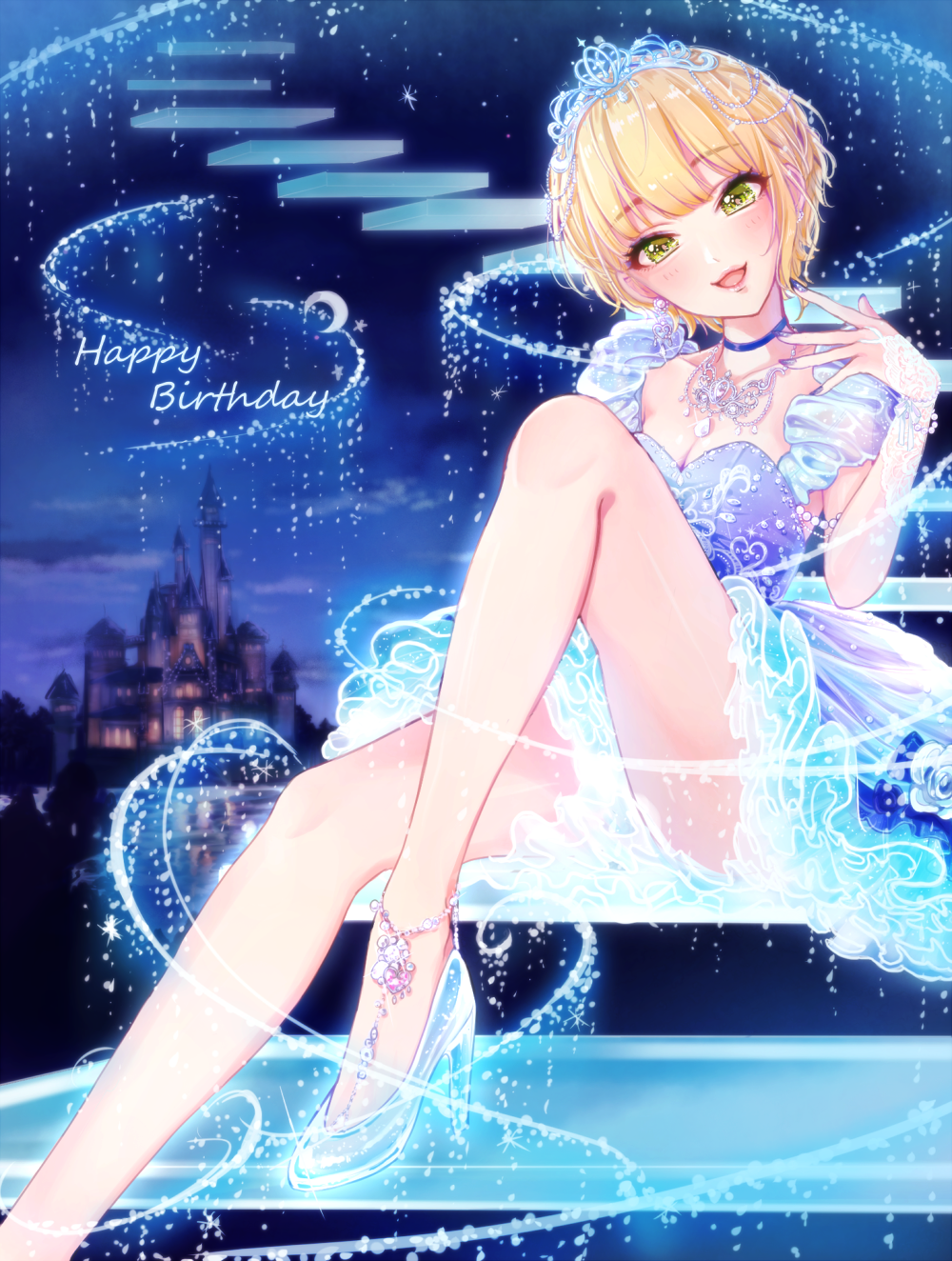 1girl blonde_hair blush breasts choker cinderella cinderella_(cosplay) cleavage cosplay dress floating_stairs glass_slipper gown green_eyes happy_birthday high_heels highres idolmaster idolmaster_cinderella_girls jewelry looking_at_viewer magako miyamoto_frederica necklace open_mouth short_hair sitting smile stairs text tiara
