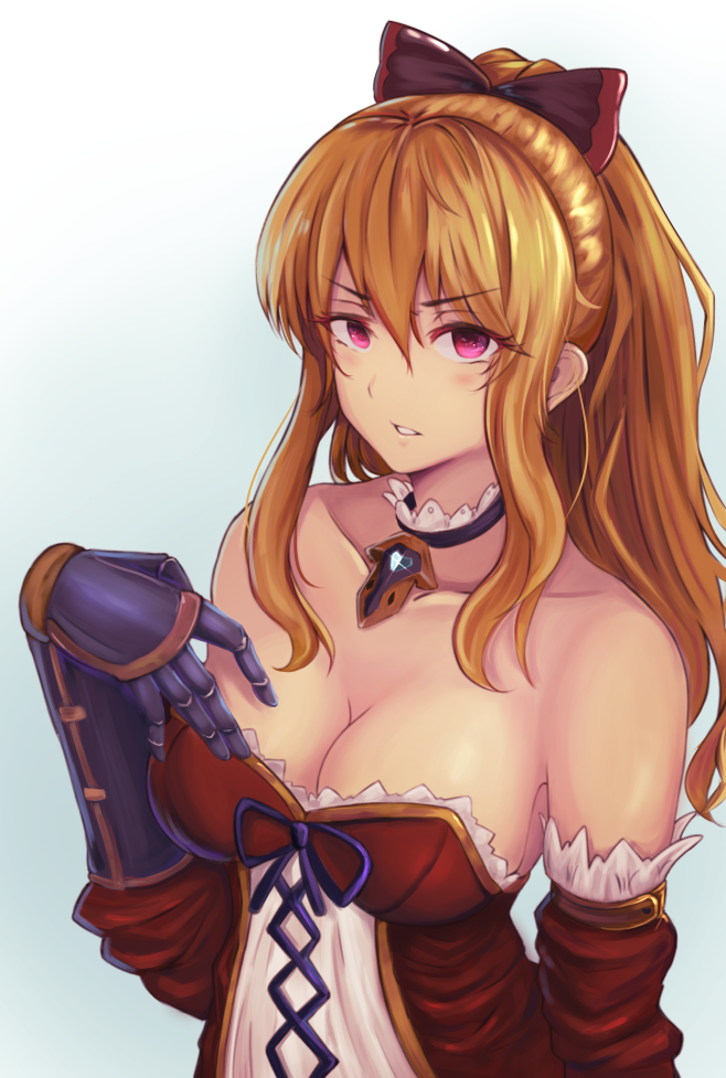 bangs bare_shoulders blonde_hair breasts cleavage dress gauntlets granblue_fantasy long_hair looking_at_viewer open_mouth solo violet_eyes vira yami_kyon_oov